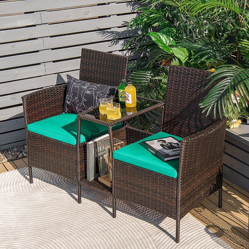 Costway Patio Rattan Wicker Conversation Set Sofa Cushioned Loveseat Glass Table, 2 of 10
