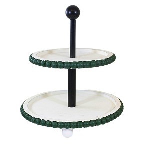 Ganz 11.5 Inch Green Beaded Edge Two-Tier Pedestal Stand Distressed Rustic Holiday Decorative Trays And Platters - 1 of 3