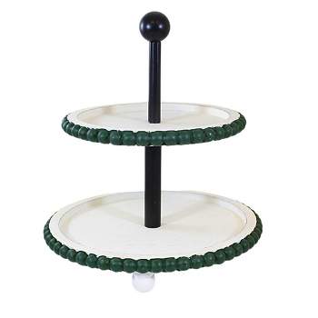 Ganz 11.5 Inch Green Beaded Edge Two-Tier Pedestal Stand Distressed Rustic Holiday Decorative Trays And Platters