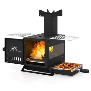 Costway Wood Burning Stove with Heat Resistant Glass Window, Grill Net,, Stainless Steel - 1 of 4