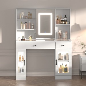 Large Vanity Desk with Sliding Mirror & 3-Color LED Lights, Makeup Dressing Table with Storage Drawers, Shelves, Cabinets, MDF Beauty Station - 1 of 4