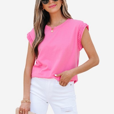 Amaryllis Women’s Braided Sleeve Detail Sleeveless Relaxed Fit Casual Solid Top Lightweight Versatile