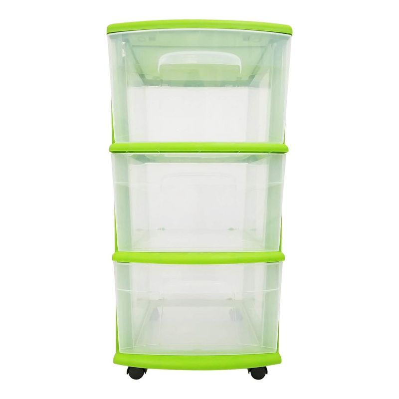Homz Clear Plastic 3 Drawer Medium Home Organization Storage Container Tower with 3 Large Drawers and Removeable Caster Wheels, Lime Green Frame, 3 of 8