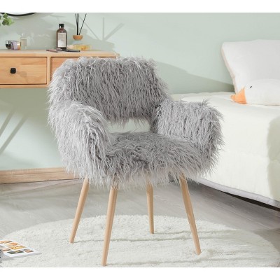 Angel Sar Grey Vanity Chair for Bedroom, Faux Fur Upholstered Makeup Chair