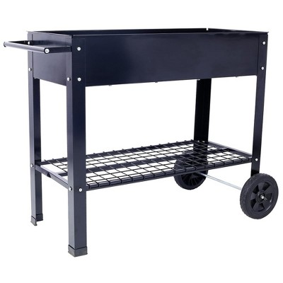 Black Steel Elevated Raised Garden Bed with Wheels and Storage Shelf