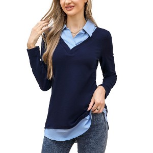 Coolmee Women's Contrast Collared Shirts Long Sleeve Patchwork Work Blouse Tunics Tops - 1 of 4