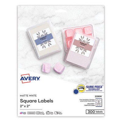 Avery Square Labels with Sure Feed and TrueBlock, 2 x 2, White, 300/Pack