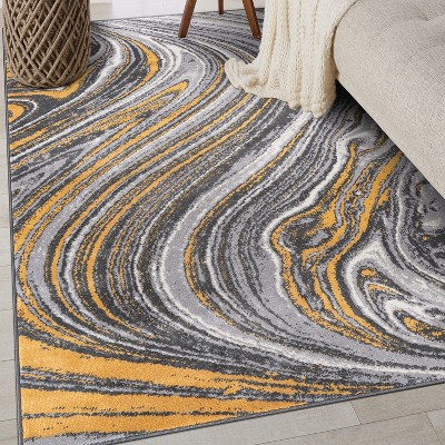 Yellow and Gray Abstract Swirl 5' x 7' Stain-Resistant Synthetic Rug