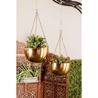 Set of 2 Gold Metal Hanging Planters with Chains