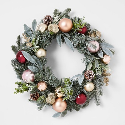 22in Mixed Artificial Pine Christmas Wreath with Shatterproof Ornaments Gold, Burgundy & Blush - Wondershop™