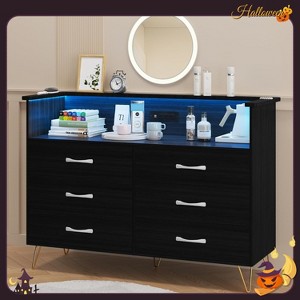 Garvee Bedroom Dresser with Electrical Outlet and LED Lights, 6 Drawer Wooden Dresser with 2 Open Shelves - 1 of 4