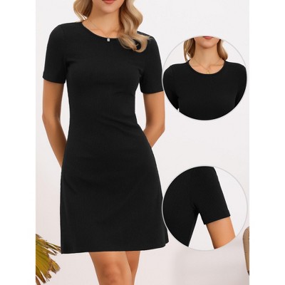Женские платья INSPIRE CHIC Women's Knit Short Sleeves Crew Neck Solid Color Summer Mini A-line Dresses Medium Black — фото 2