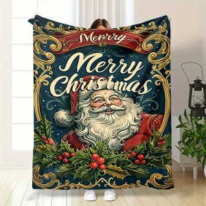 Lomsoe Vintage Santa Claus Merry Christmas Print Flannel Blanket - All Seasons Soft Cozy Warm Throw Blanket for Bed, Napping, Camping, Travel, Office - 1 of 4
