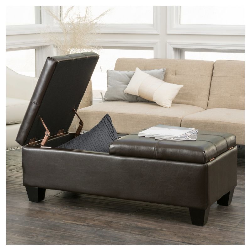 Merrill Double Opening Leather Storage Ottoman - Chocolate Brown - Christopher Knight Home, 3 of 10