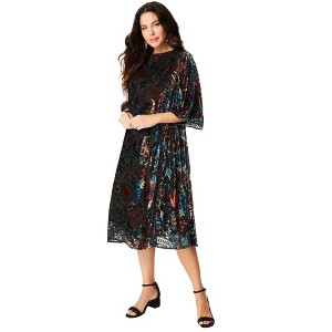 Roaman's Women's Plus Size Velvet Burnout Swing Dress - 1 of 4