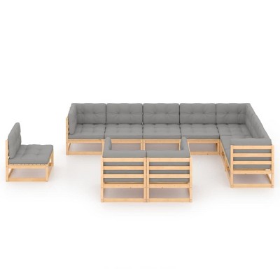 vidaXL Solid Pinewood 10 Piece Outdoor Lounge Set with Cushions - Grey and Brown - Rustic Patio Furniture Set - Retro Style Lounge Set
