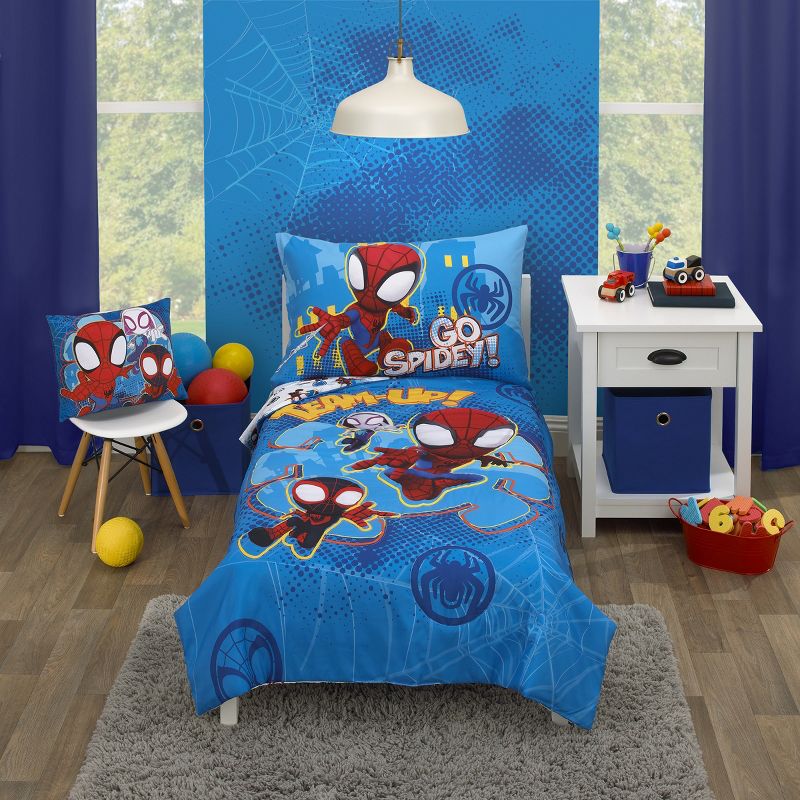 Marvel Spidey and his Amazing Friends Spidey Team Red, White, and Blue 4 Piece Toddler Bed Set, 1 of 7