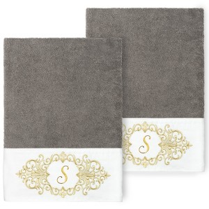 Linum Home Textiles 100% Turkish Cotton MONICA Gold Thread 2PC Embellished Bath Towel Set - 1 of 3