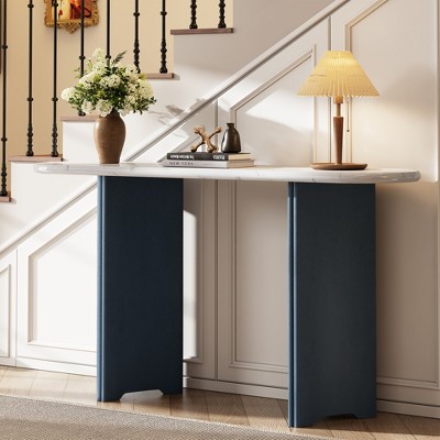 Whisen Narrow Entryway Console Table with Oval Marble Top, Rustic Hallway Accent Table for Entrance and Living Room