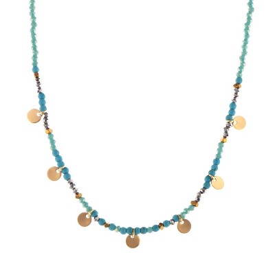 Anna-Kaci Women's Stainless Steel Beaded Necklace with 18K Gold Plated Discs, Adjustable Length, Colorful and Boho Chic Design-Blue