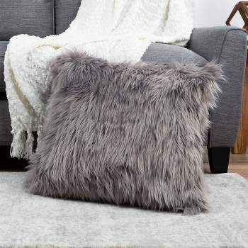 22-in. Plush Pillow Luxury Square Accent Pillow Insert and Shag Glam Cover Set for Bedroom or Living Room by Lavish Home (Gray)