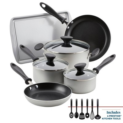 Farberware Reliance 15pc Aluminum Nonstick Cookware Set with Prestige Tools Silver: Pot & Pan Cooking Set, Dishwasher-Safe