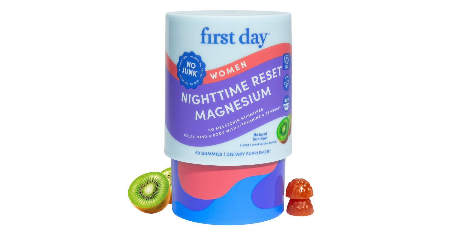 First Day Women's Nighttime Reset Magnesium Gummies for Relaxed Mind and Body - Natural Sun Kiwi - 50ct