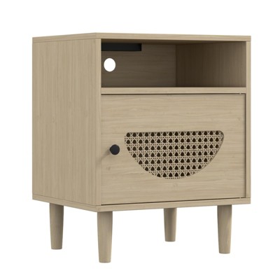 Boho Rattan Nightstand with Charging Station - End Table with USB Ports & Power Outlets,2-Tier Rattan Nightstand with Locker
