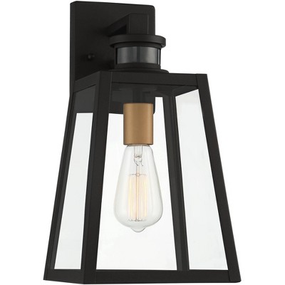 John Timberland Industrial Outdoor Wall Light Fixture Black 14 3/4" Clear Glass Dusk To Dawn Motion Sensor Exterior Porch Patio