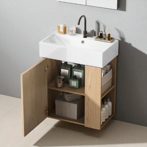 21.6" Floating Bathroom Vanity with Right Side Open Shelves, Wall-Mounted Cabinet with Ceramic Sink, Soft-Close Door - 1 of 4