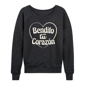 Women's - Instant Message - Bendito Tu Corazon Lightweight French Terry Wide Neck Long Sleeve Graphic Shirt - 1 of 4