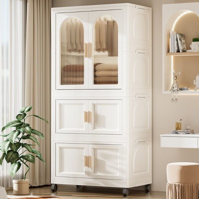 Armoire Closet With Magnetic Door, Plastic Storage Cabinet With 1 Layer Of Wardrobe And 2 Layers Of Folding Boxes And 10 Hangers-Cuddlewood