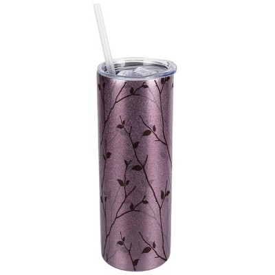 Elanze Designs Rose Gold 20 Ounce Double Wall Stainless Steel Glitter Travel Tumbler With Sliding Lid And Straw, Tree Pattern
