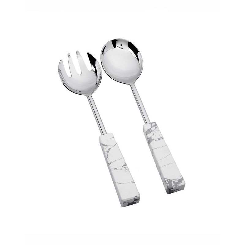 Classic Touch Set of 2 Stainless Steel Salad Servers with White and Grey Stone Handles, 1 of 3