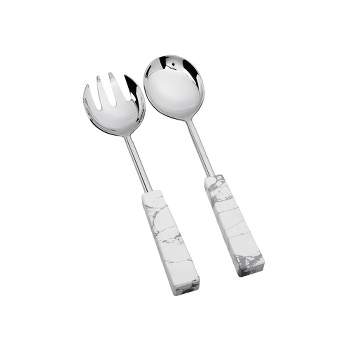 Classic Touch Set of 2 Stainless Steel Salad Servers with White and Grey Stone Handles
