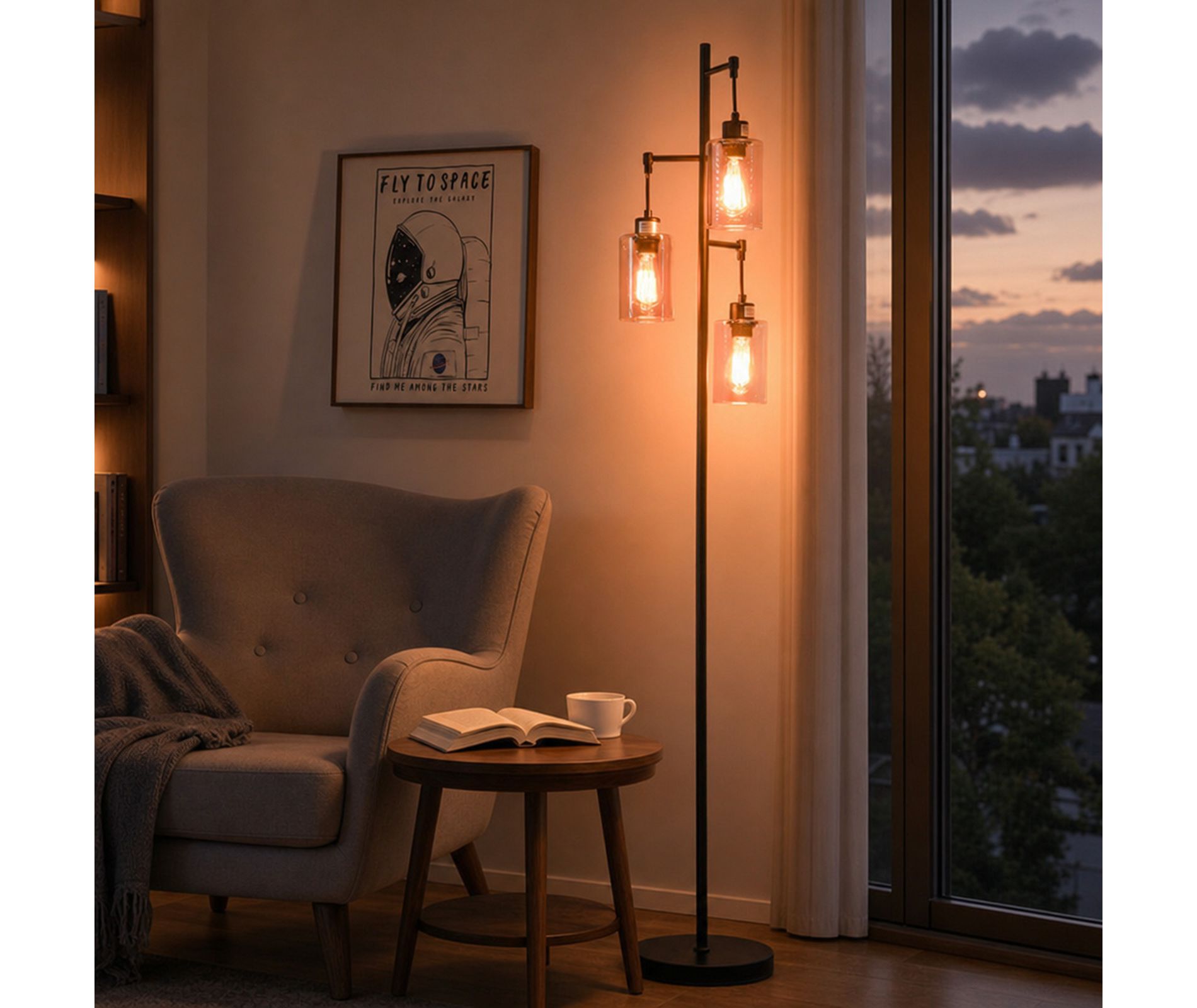 64.5 Inch Retro Floor Lamp with 3 Amber Glass Shades and Foot Switch, Black