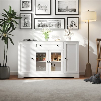 SKRAN Set of 4 Buffet Cabinet Set with Storage, Sideboard Buffet with Doors, Wood Storage Cabinet with Drawer and Adjustable Shelf for Kitchen, White