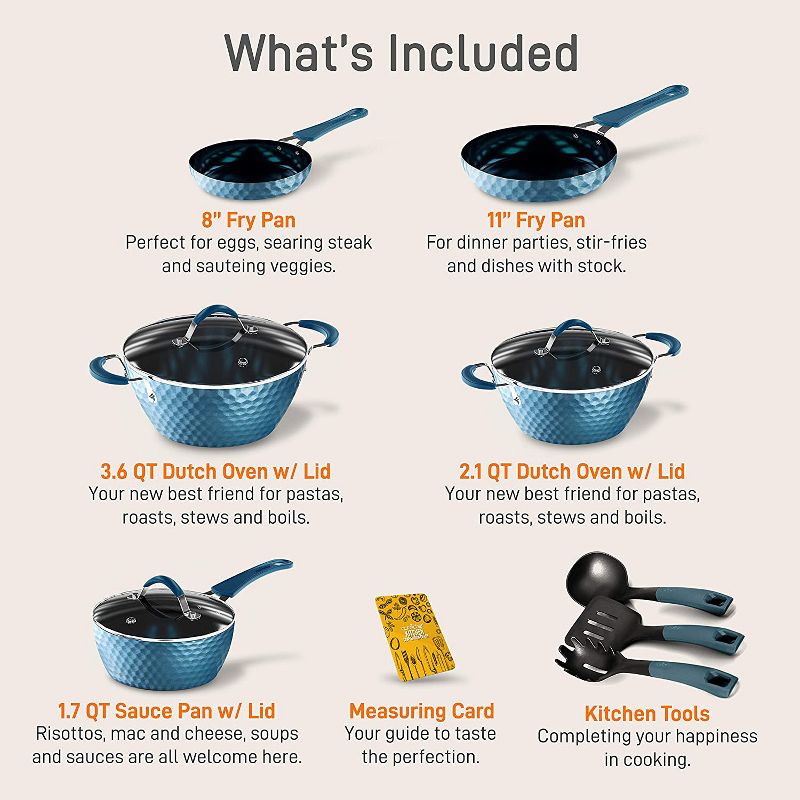 NutriChef NCCW11BD 44 Piece Nonstick Ceramic Coating Diamond Pattern Kitchen Cookware Pots and Pan Set with Lids and Utensils, Royal Blue, 3 of 6