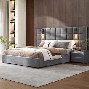 NicBex Queen/King Upholstered Bed Frame with Wide Velvet Headboard,Platform Bed Frame with Reading Lamp and USB,No Box Spring Needed,Easy Assembly - 1 of 4