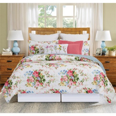 Cottage Rose Blue Floral Reversible Cotton Twin Quilt Set