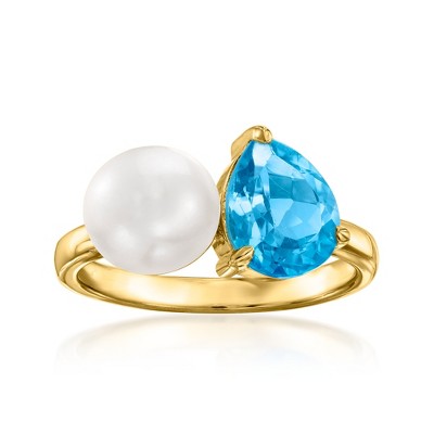 Ross-Simons 7.5-8mm Cultured Pearl and 2.00 Carat Swiss Blue Topaz Toi Et Moi Ring in 18kt Gold Over Sterling Size 7