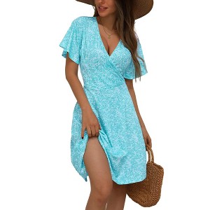 Womens Sundress Summer Floral Short Sleeve Wrap V Neck A-Line Midi Dress - 1 of 4