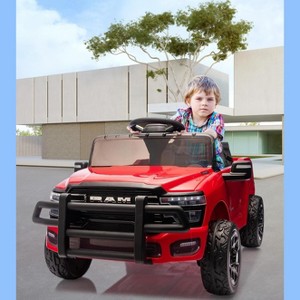 12V Ride on Truck Car, Licensed RAM Pickup Car w/Remote Control, Battery Powered Electric Car with Music, Spring Suspension, 3 Speeds, LED Lights - 1 of 4