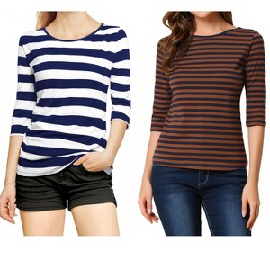 Allegra K Women's Elbow Sleeves Round Neck Slim Fit T-Shirt 2 Packs - 1 of 4