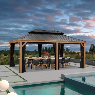PURPLE LEAF Outdoor Hardtop Gazebo for Patio Galvanized Steel Double Roof Permanent Canopy Teak Finish Aluminum Frame Pavilion Gazebo with Netting