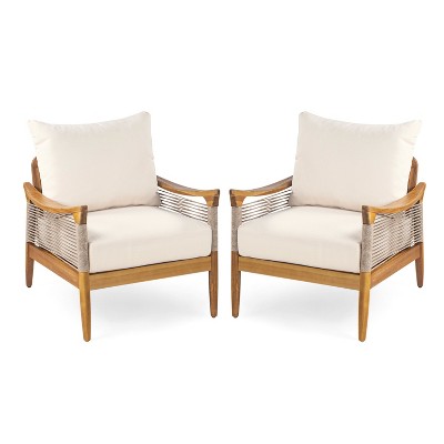Christopher Knight Home Amos Outdoor Woven Rope Acacia Wood Club Chair with Thick Cushion (Set of 2)