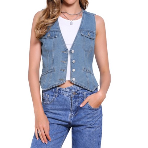INSPIRE CHIC Women's Button Down V Neck Sleeveless Denim Vest Jacket Large Blue