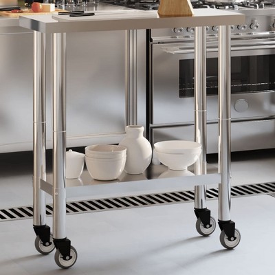 VidaXL Kitchen Work Table with Wheels 32.5"x11.8"x33.5" Stainless Steel