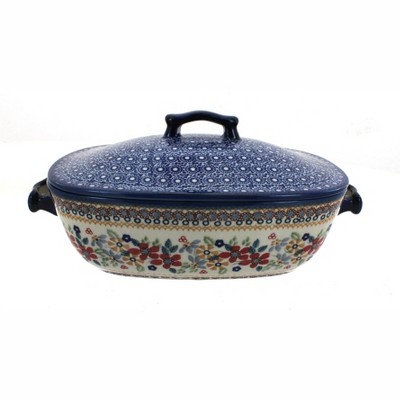 Blue Rose Polish Pottery Red Daisy Covered Baking Dish