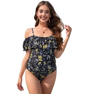 Women's Off Shoulder One Piece Maternity Swimsuit for Women Ruffled Sleeves Bathing Maternity Suits - 1 of 4